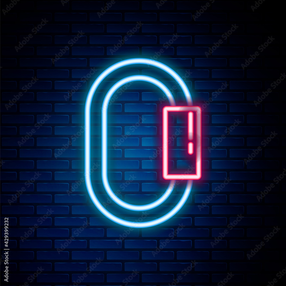 Glowing neon line Carabiner icon isolated on brick wall background. Extreme sport. Sport equipment. Colorful outline concept. Vector Glowing neon line Carabiner icon isolated on brick wall background. Extreme sport. Sport equipment. Colorful outline concept. Vector