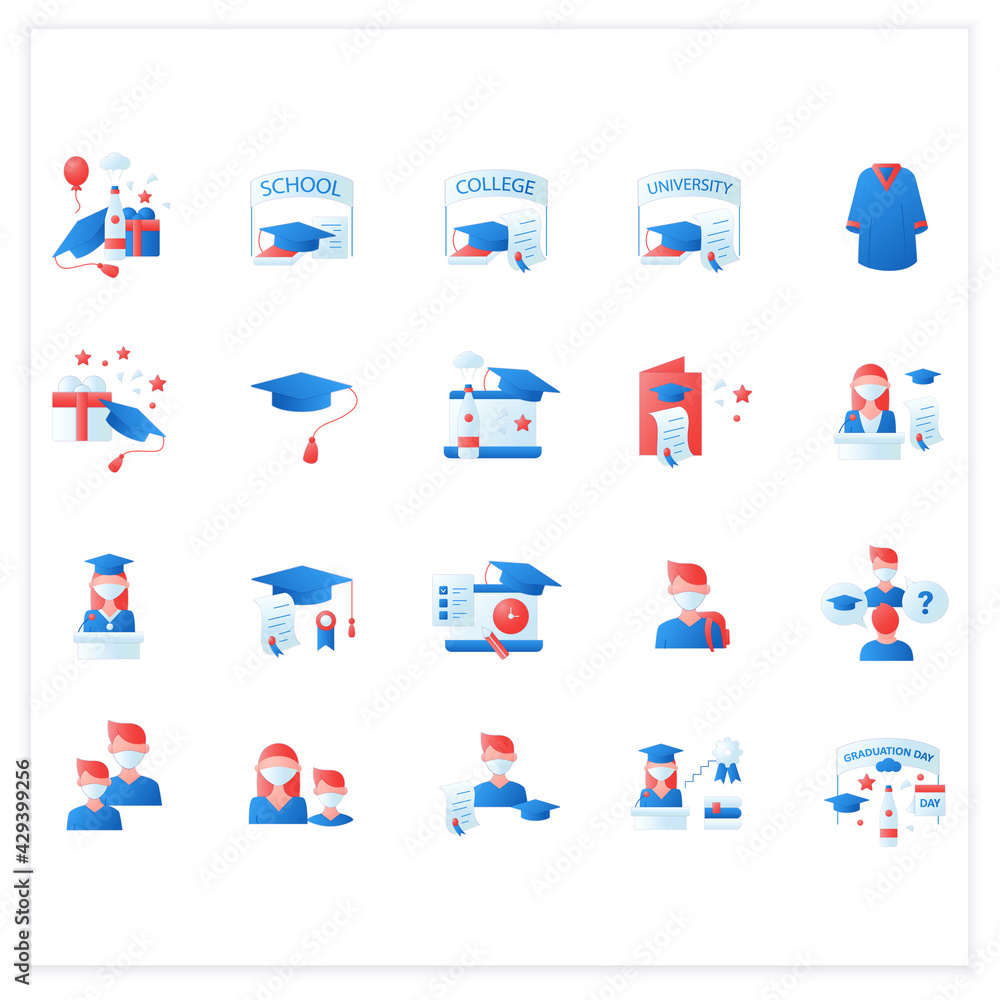 Graduation flat icons set. Personal growth, professional development. Graduation party, academic career and special uniform. Studying concept. 3d vector illustrations
