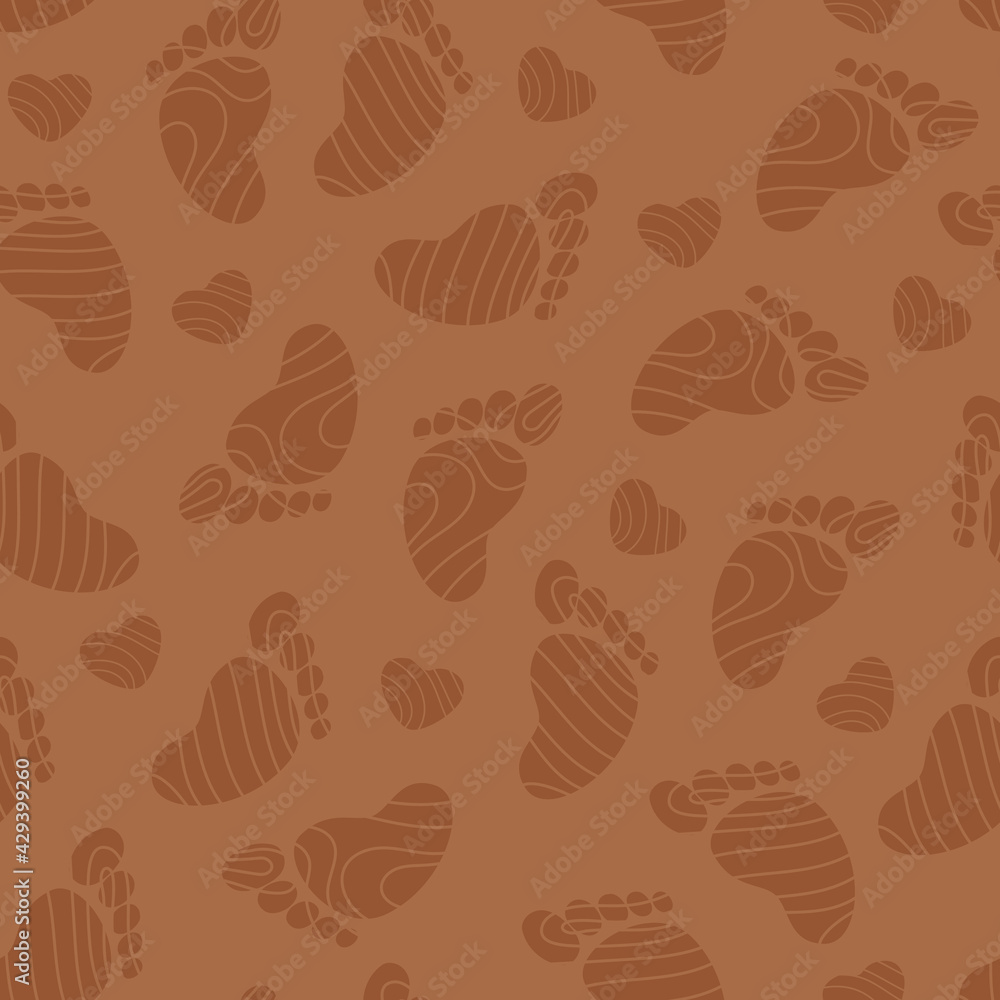 Seamless pattern First step baby footprints. Neutral colors illustration on brown. For fabric, print, textile, kids decor room, background, wallpaper. Vector Seamless pattern First step baby footprints. Neutral colors illustration on brown. For fabric, print, textile, kids decor room, background, wallpaper. Vector