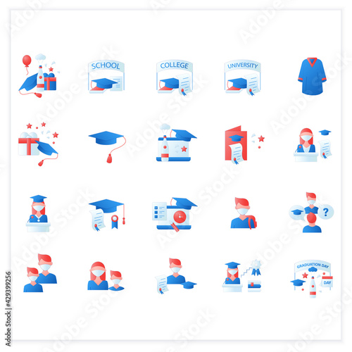 Graduation flat icons set. Personal growth, professional development. Graduation party, academic career and special uniform. Studying concept. 3d vector illustrations