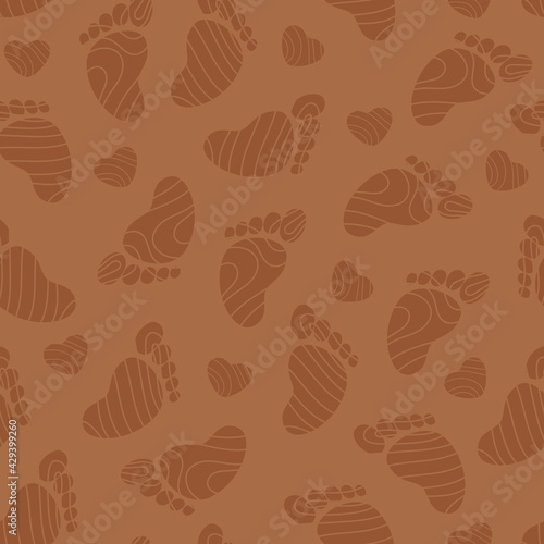 Seamless pattern First step baby footprints. Neutral colors illustration on brown. For fabric, print, textile, kids decor room, background, wallpaper. Vector