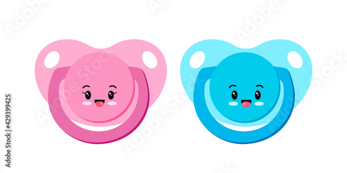 Pacifier baby dummy character vector icon set isolated on white background. Signs of newborn nipple baby soothers -  pink and blue. Flat design cartoon style illustration