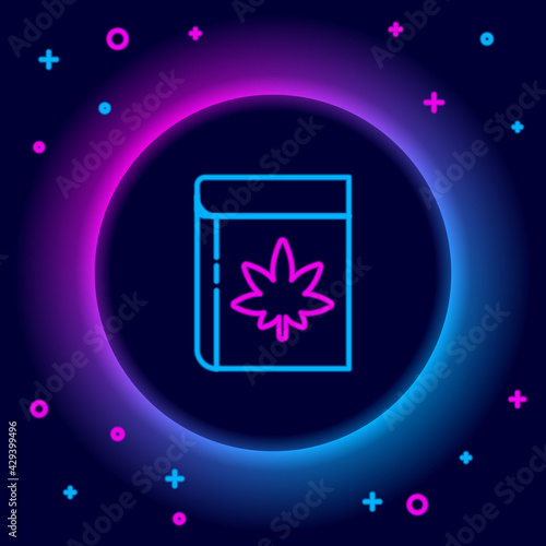 Glowing neon line Book and marijuana or cannabis leaf icon isolated on black background. Hemp symbol. Colorful outline concept. Vector