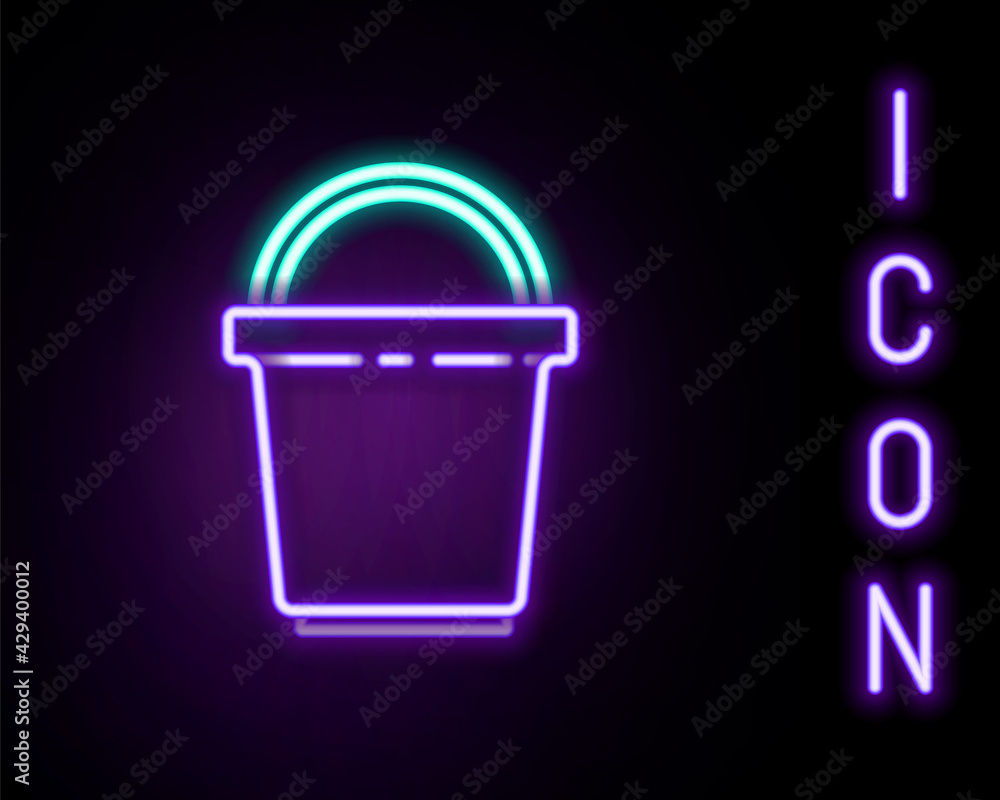 Glowing neon line Bucket icon isolated on black background. Cleaning service concept. Colorful outline concept. Vector Glowing neon line Bucket icon isolated on black background. Cleaning service concept. Colorful outline concept. Vector