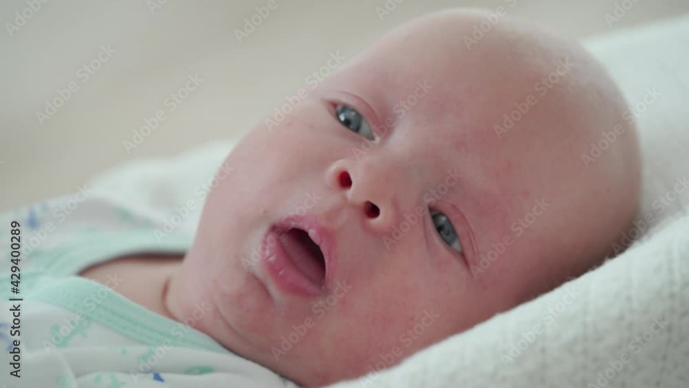 Closeup face of adorable baby boy, portrait of cute 1.5 month old caucasian baby lying on white baby bouncer. High quality 4k footage Closeup face of adorable baby boy, portrait of cute 1.5 month old caucasian baby lying on white baby bouncer. High quality 4k footage