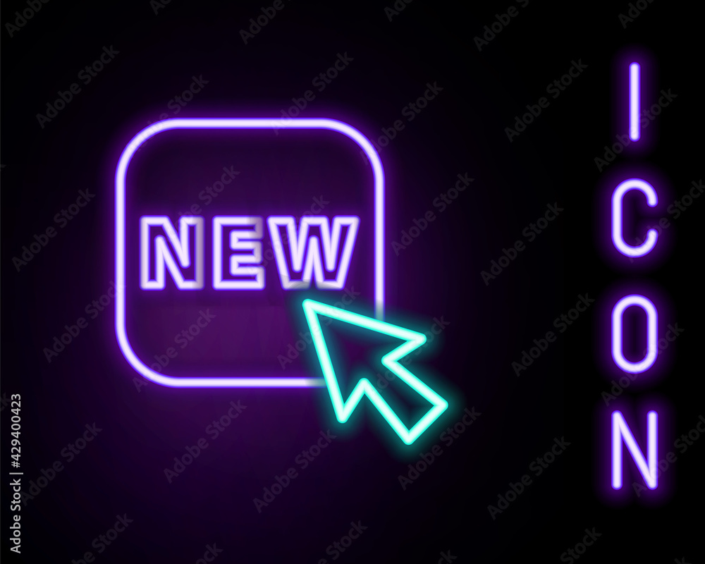 Glowing neon line Button with an inscription New icon isolated on black background. Badge for price. Promo tag discount. Colorful outline concept. Vector Glowing neon line Button with an inscription New icon isolated on black background. Badge for price. Promo tag discount. Colorful outline concept. Vector
