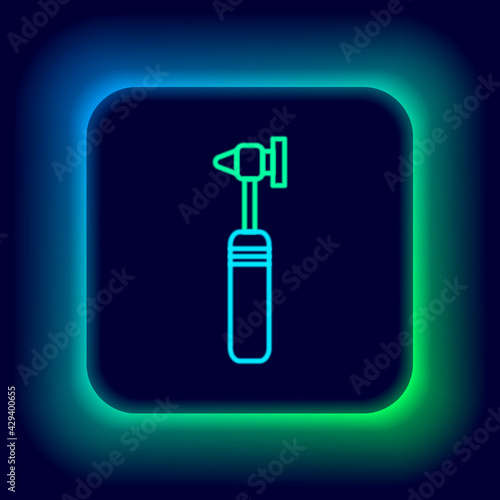 Glowing neon line Medical otoscope tool icon isolated on black background. Medical instrument. Colorful outline concept. Vector