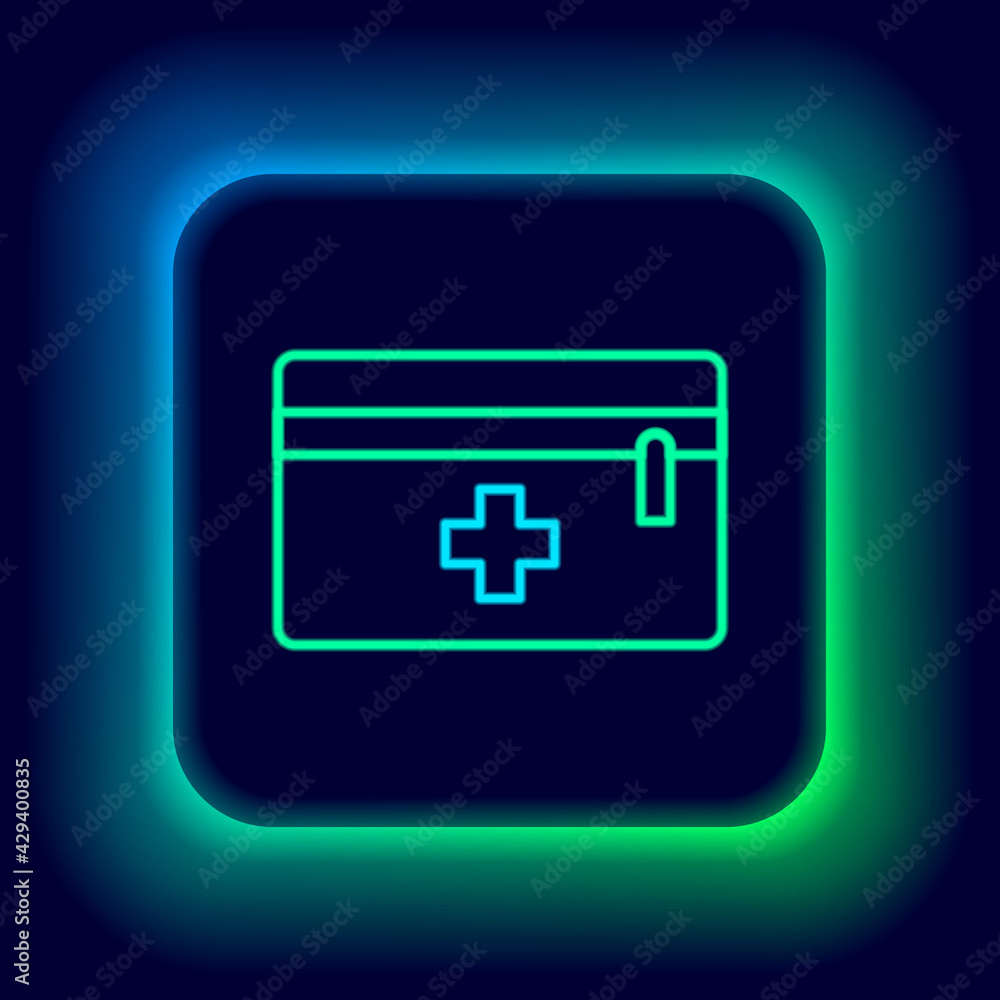Fototapeta premium Glowing neon line First aid kit icon isolated on black background. Medical box with cross. Medical equipment for emergency. Healthcare concept. Colorful outline concept. Vector