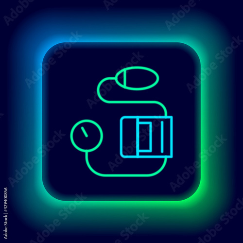 Glowing neon line Blood pressure icon isolated on black background. Colorful outline concept. Vector