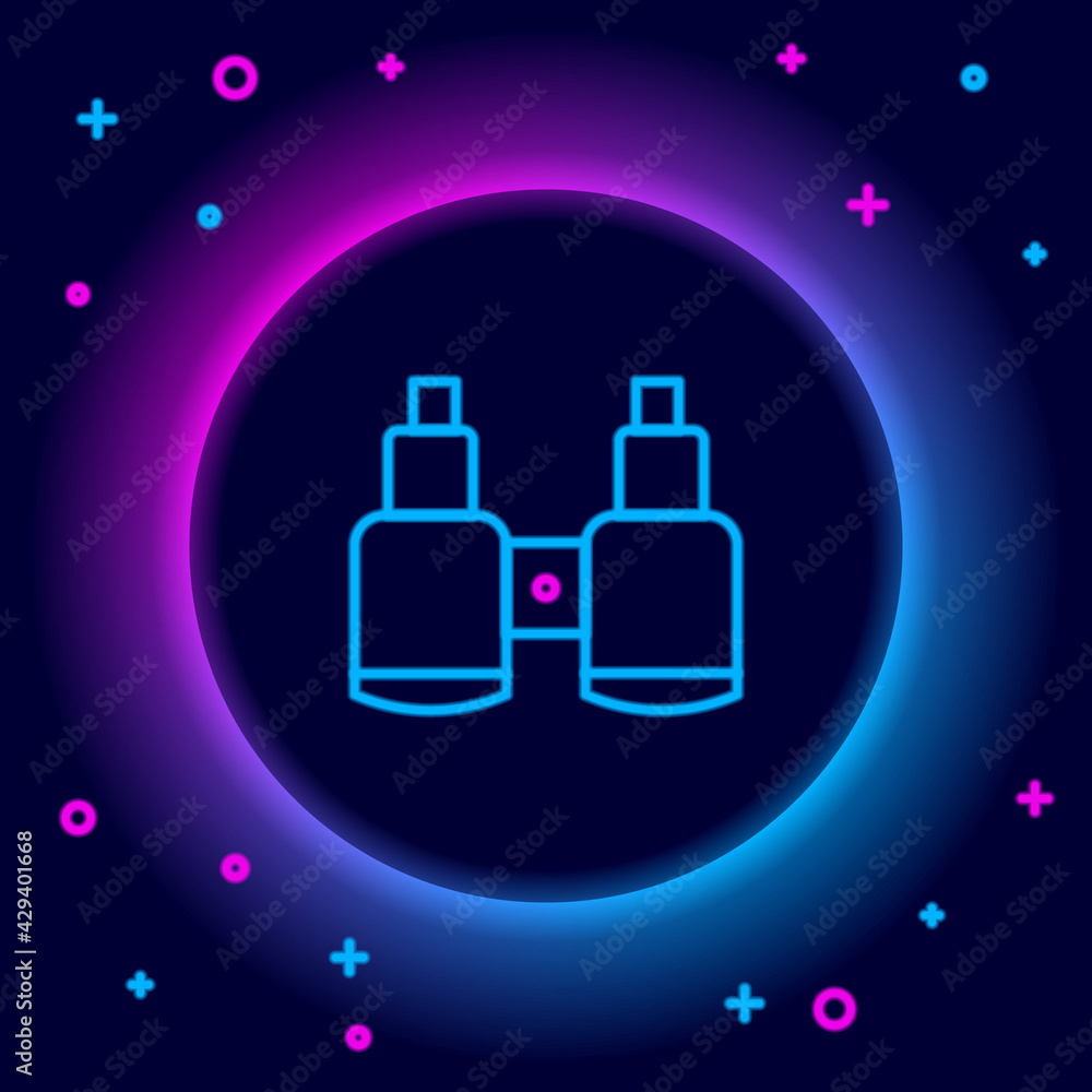 Glowing neon line Binoculars icon isolated on black background. Find software sign. Spy equipment symbol. Colorful outline concept. Vector Glowing neon line Binoculars icon isolated on black background. Find software sign. Spy equipment symbol. Colorful outline concept. Vector
