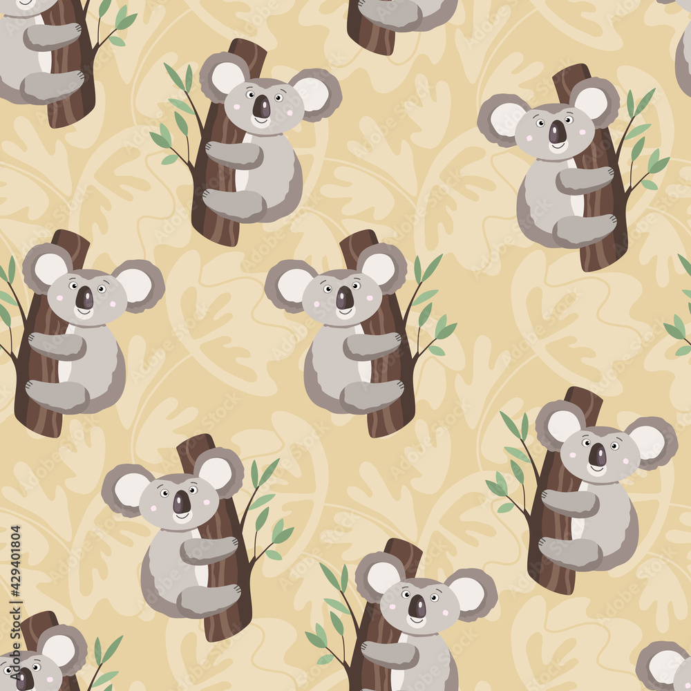 Obraz premium Seamless pattern with cute koala baby and flowers on color background. Funny australian animals. Card, postcards for kids. Flat vector illustration for fabric, textile, wallpaper, poster, paper