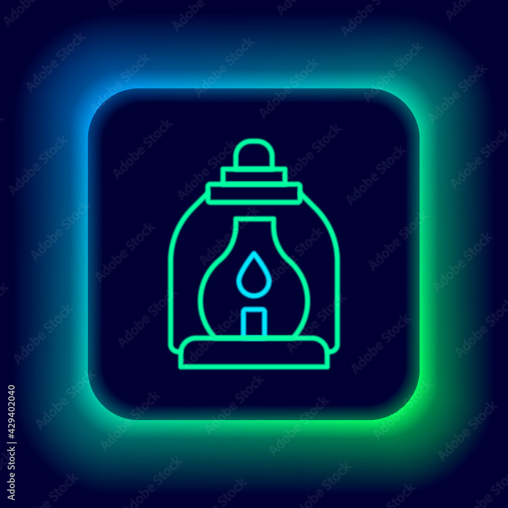 Glowing neon line Camping lantern icon isolated on black background. Colorful outline concept. Vector Glowing neon line Camping lantern icon isolated on black background. Colorful outline concept. Vector