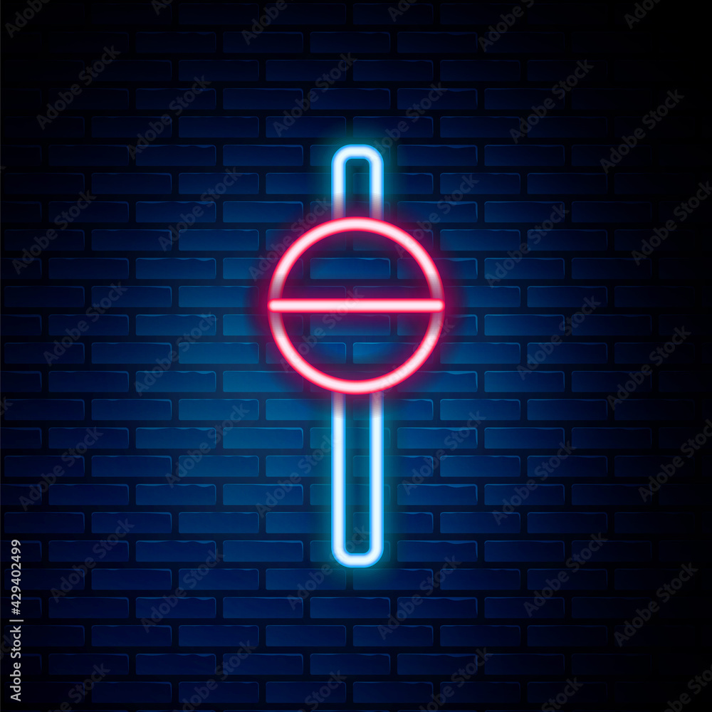 Glowing neon line Fishing float icon isolated on brick wall background. Fishing tackle. Colorful outline concept. Vector