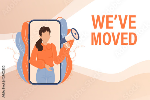 Template with we have moved girl holding megaphone on white background for flyer design. Vector illustration in flat style.