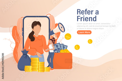 Template with refer a friend man holding megaphone on white background for flyer design. Vector illustration in flat style.