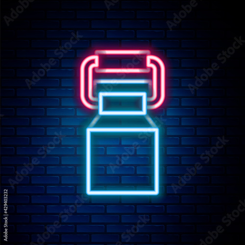 Glowing neon line Can container for milk icon isolated on brick wall background. Colorful outline concept. Vector