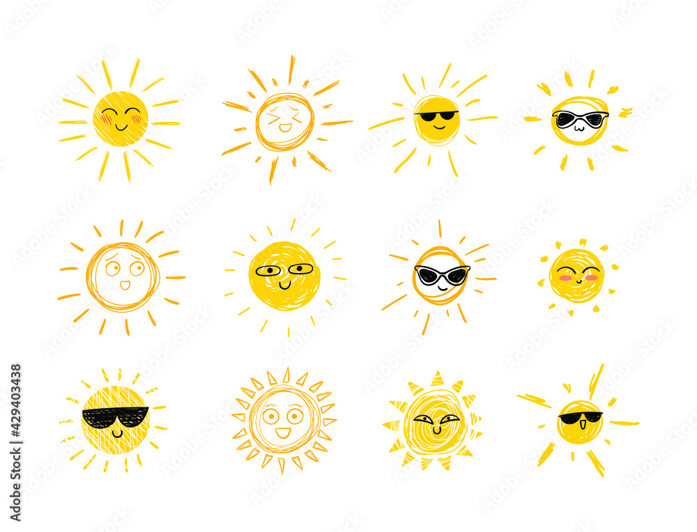 Vector Doodle Suns with Sun Glasses and Smiles, Set of Hand Drawn Funny Icons Isolated on White Background, Bright Yellow Color.
Vector Doodle Suns with Sun Glasses and Smiles, Set of Hand Drawn Funny Icons Isolated on White Background, Bright Yellow Color.