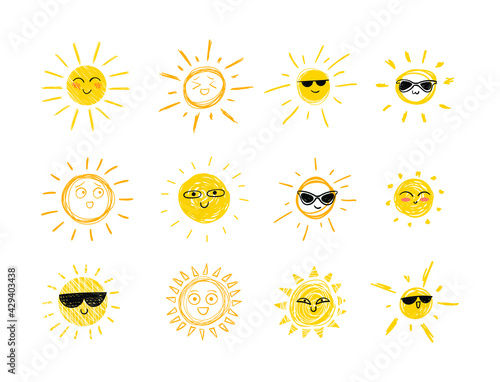 Vector Doodle Suns with Sun Glasses and Smiles, Set of Hand Drawn Funny Icons Isolated on White Background, Bright Yellow Color.
