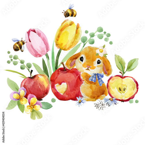 Fototapeta Naklejka Na Ścianę i Meble -  Cute cartoon rabbit. forest animal illustration. watercolor hare. funny pet. Little bunny