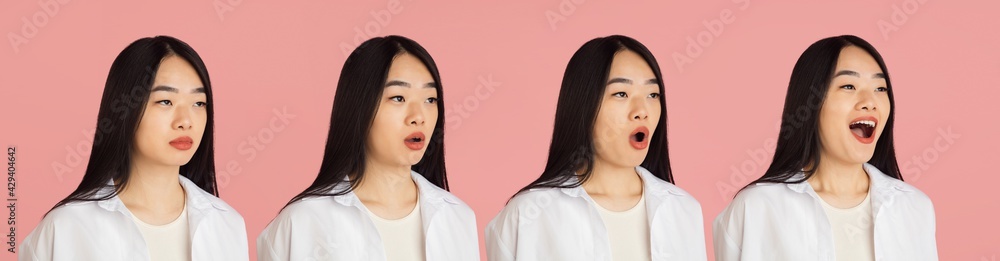 Evolution of emotions. Asian young woman's portrait on pink studio background. Concept of human emotions, facial expression, youth, sales, ad. Evolution of emotions. Asian young woman's portrait on pink studio background. Concept of human emotions, facial expression, youth, sales, ad.