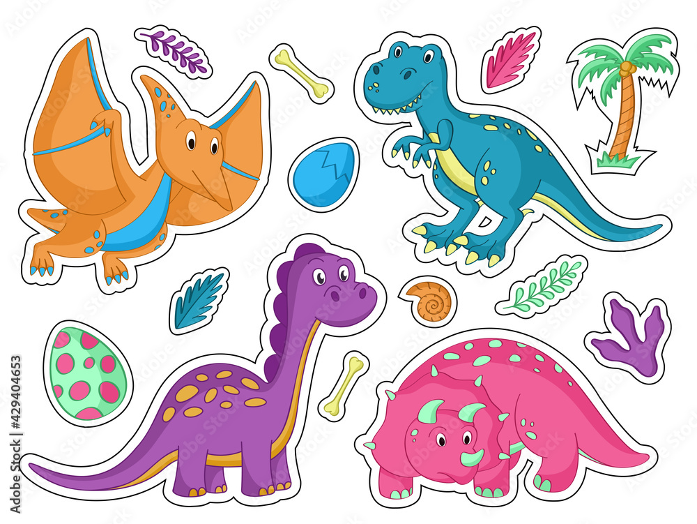 Cute cartoon set of dinosaur stickers. Vector illustration. Sticker pack.  Stock Vector | Adobe Stock