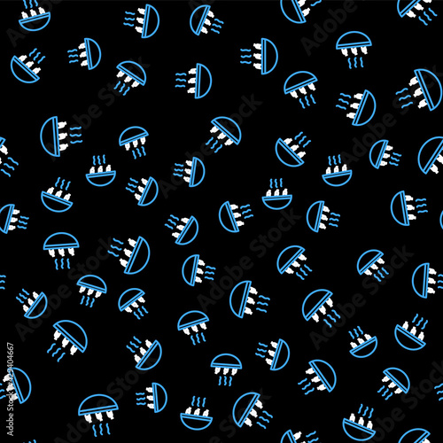 Line Soup with shrimps icon isolated seamless pattern on black background. Tom yum kung soup. Vector