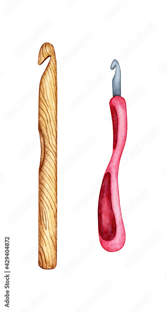 Watercolor illustration of a set of crochet hooks. Wooden, metal. DIY tools for needlework, creativity. Isolated over white background. Drawn by hand. Watercolor illustration of a set of crochet hooks. Wooden, metal. DIY tools for needlework, creativity. Isolated over white background. Drawn by hand.