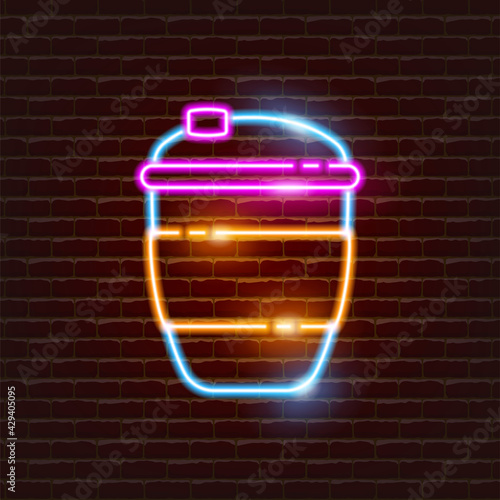 Reusable glass cup neon icon. Eco friendly style. Zero waste concept.