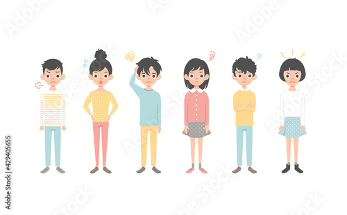 Group of asian children flat vector illustration. Young girls and boys isolated characters on white background -  angry