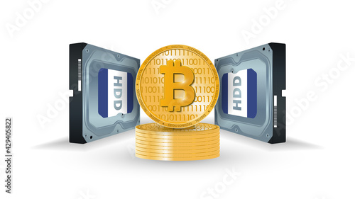 Hard disk with coins of cryptocurrency bitcoin on a white background. Mining on HDD, ssd. The concept of mining crypto currency Burst. Realistic 3d vector