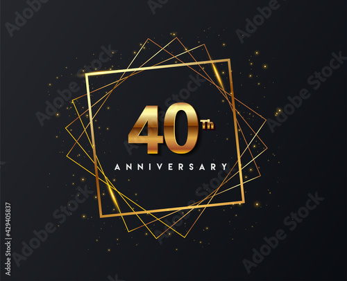 40th anniversary logo with confetti and golden frame isolated on black background, vector design for greeting card and invitation card.