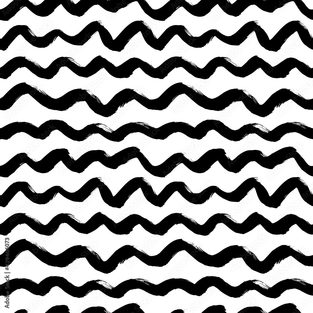 Wavy grunge lines vector seamless pattern. Horizontal brush strokes, swirls, curly lines. Black paint hand drawn background. Geometric ornament for wrapping paper. Dry brushstrokes pattern. Wavy grunge lines vector seamless pattern. Horizontal brush strokes, swirls, curly lines. Black paint hand drawn background. Geometric ornament for wrapping paper. Dry brushstrokes pattern.