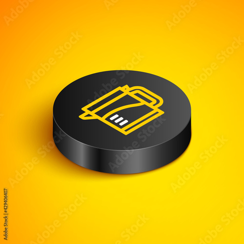 Isometric line Electric kettle icon isolated on yellow background. Teapot icon. Black circle button. Vector