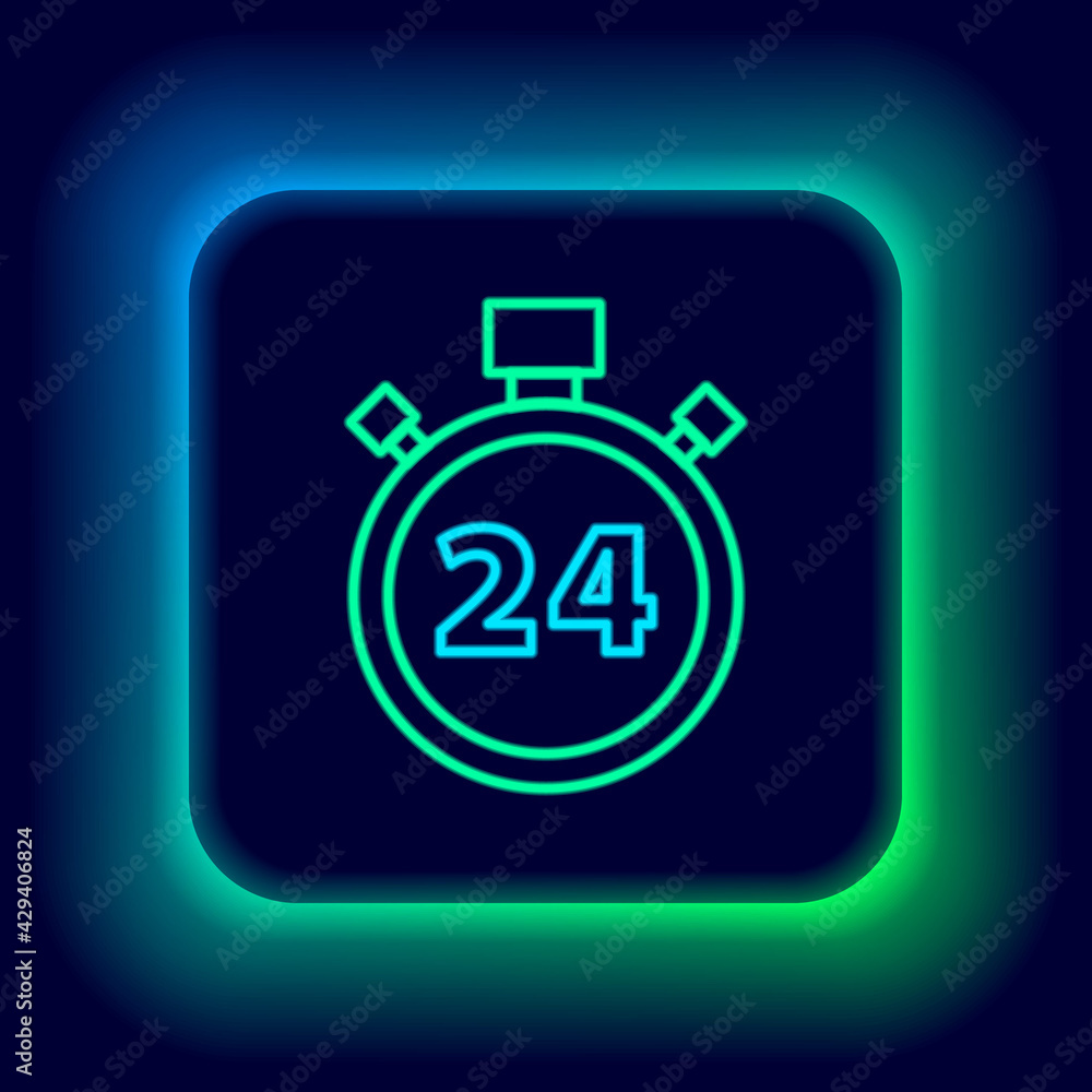 Glowing neon line Stopwatch 24 hours icon isolated on black background. All day cyclic icon. 24 hours service symbol. Colorful outline concept. Vector Glowing neon line Stopwatch 24 hours icon isolated on black background. All day cyclic icon. 24 hours service symbol. Colorful outline concept. Vector