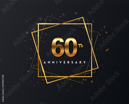 60th anniversary logo with confetti and golden frame isolated on black background, vector design for greeting card and invitation card.