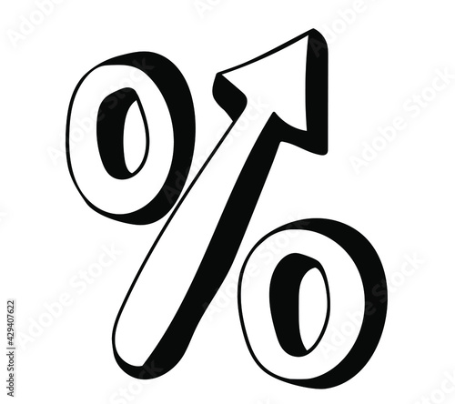 Hand drawn Percentage icon with up arrow in doodle style.  Isolated on white background.  Rising Interest Rates.