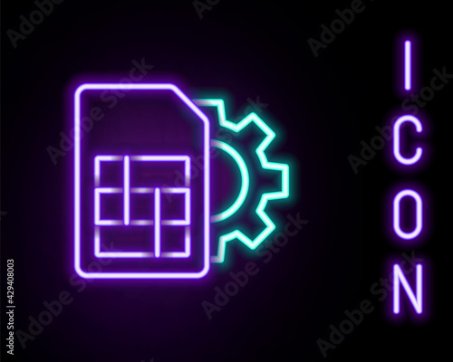 Glowing neon line Sim card setting icon isolated on black background. Mobile cellular phone sim card chip. Mobile telecommunications technology symbol. Colorful outline concept. Vector