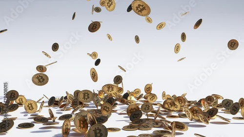 Animated flow of bitcoins that fall from the top on a white surface. 3D image of the flow of bitcoin coins, which fall to the surface, covering it.  The concept of money flow. 
