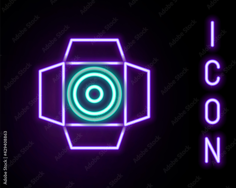Glowing neon line Movie spotlight icon isolated on black background. Light Effect. Scene, Studio, Show. Colorful outline concept. Vector Glowing neon line Movie spotlight icon isolated on black background. Light Effect. Scene, Studio, Show. Colorful outline concept. Vector