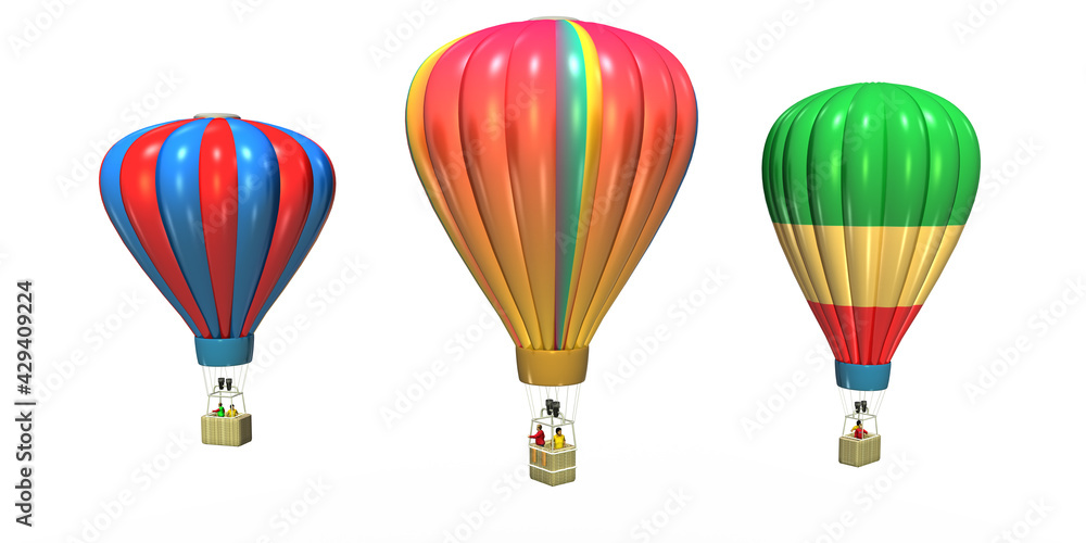 3d Heißluftballons in bunten Farben und Passsagieren, isoliert