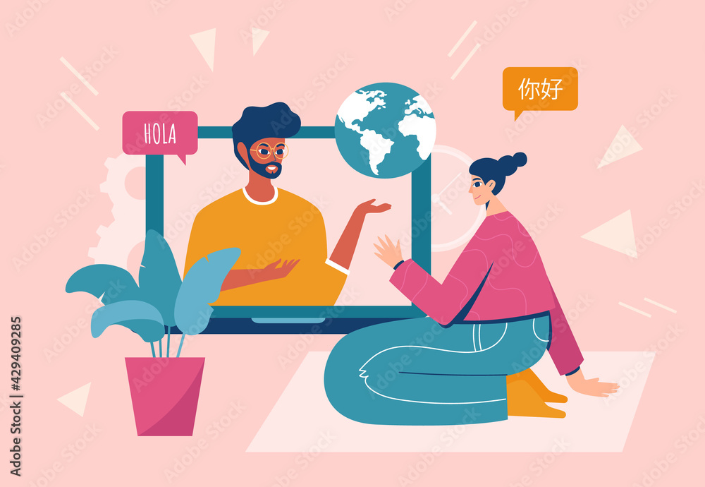 Online language courses concept. Girl studying a foreign language with a teacher using a laptop and internet connection. Vector illustration. Online language courses concept. Girl studying a foreign language with a teacher using a laptop and internet connection. Vector illustration.