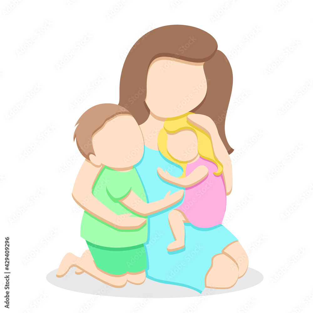 Loving tender mother with two cute happy children, teenage boy and little girl, hugging each other, pastel palette, isolated on white background, trendy flat style, vector illustration Loving tender mother with two cute happy children, teenage boy and little girl, hugging each other, pastel palette, isolated on white background, trendy flat style, vector illustration