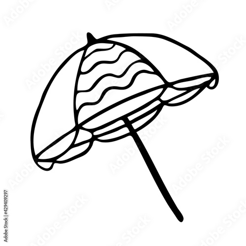 Beach umbrella vector hand drawn . Black outline drawing isolated on white background, summer beach
