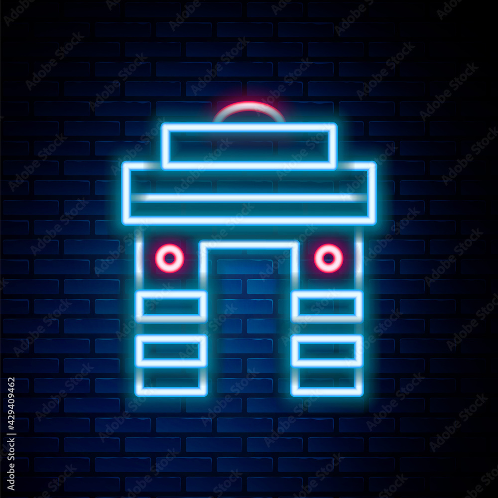 Glowing neon line India Gate in New Delhi, India icon isolated on brick wall background. Gate way of India Mumbai. Colorful outline concept. Vector Glowing neon line India Gate in New Delhi, India icon isolated on brick wall background. Gate way of India Mumbai. Colorful outline concept. Vector