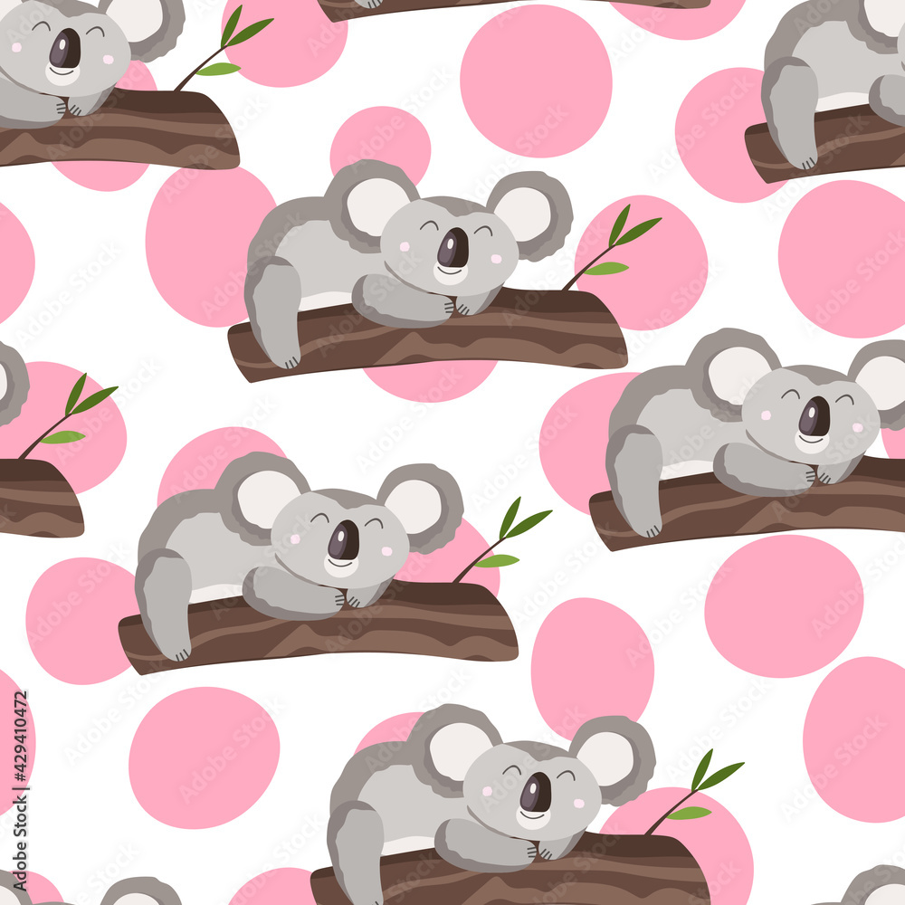 Seamless pattern with cute koala baby on color background. Funny australian  animals. Card, postcards for kids. Flat vector illustration for fabric,  textile, wallpaper, poster, gift wrapping paper. Stock Vector | Adobe Stock