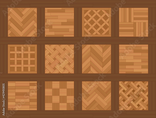 Parquet floor samples. Chart with common parquetry patterns, most familiar models and types, twelve wooden floor plates. Vector illustration.
