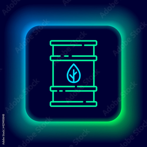 Glowing neon line Bio fuel barrel icon isolated on black background. Eco bio and canister. Green environment and recycle. Colorful outline concept. Vector
