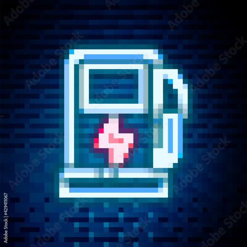 Glowing neon line Electric car charging station icon isolated on brick wall background. Eco electric fuel pump sign. Colorful outline concept. Vector