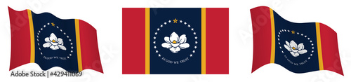 flag of american state of Mississippi in static position and in motion, fluttering in wind in exact colors and sizes, on white background