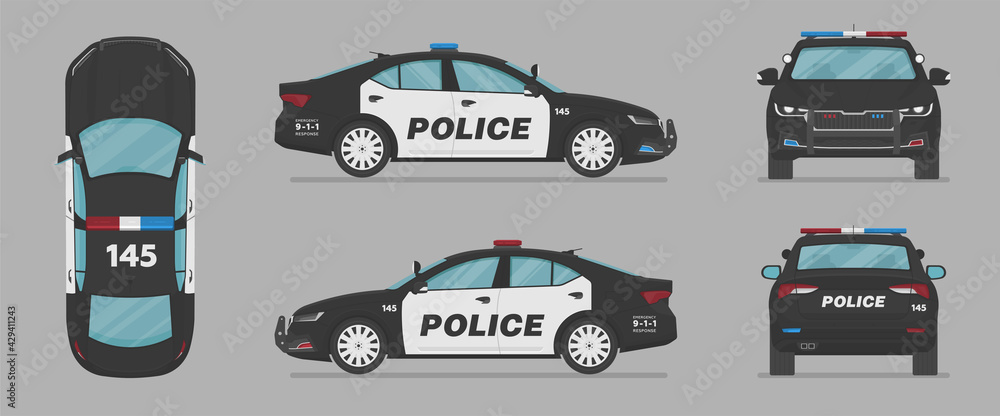Naklejka premium Vector sedan auto. American police car. Side view, front view, back view, top view. Cartoon flat illustration, auto for graphic and web
